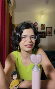 Ananya recording video with Pink Heart Mic